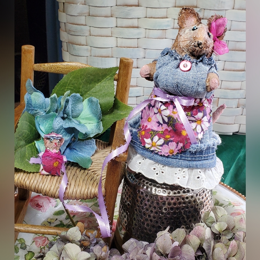 Handmade Momma Mouse with Baby mouse papermache fiber arts mixed media